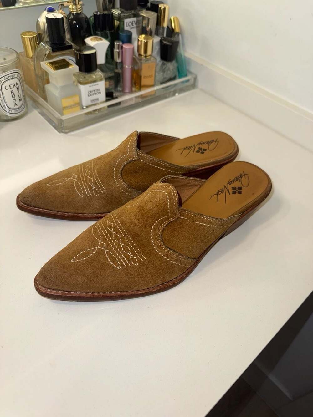 Patricia Nash Battista Pointed Toe Mules Tan Suede Western Block Heel